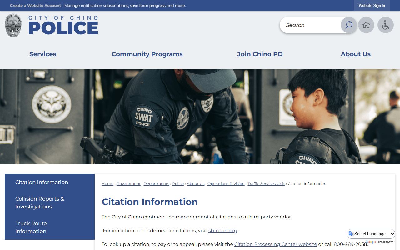 City of Chino citation information page