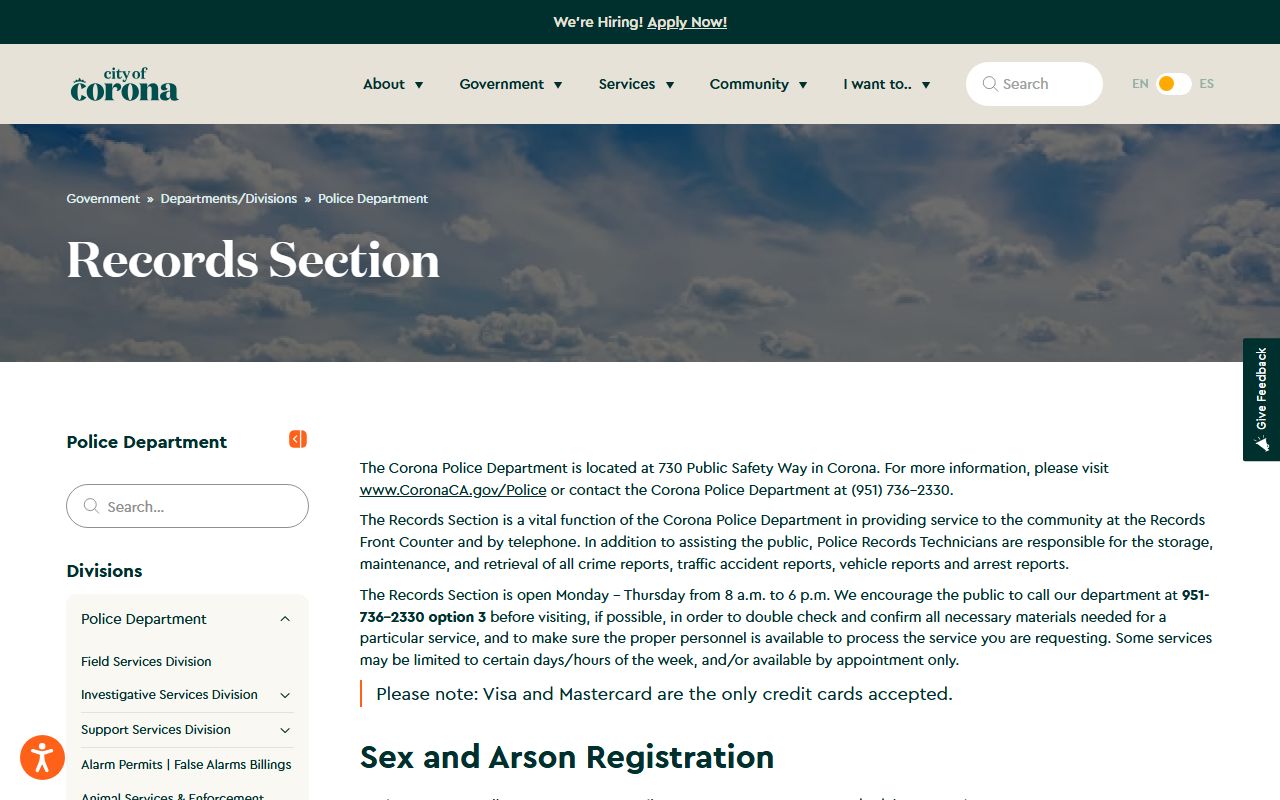 Corona Police Department records section for fix-it ticket verification