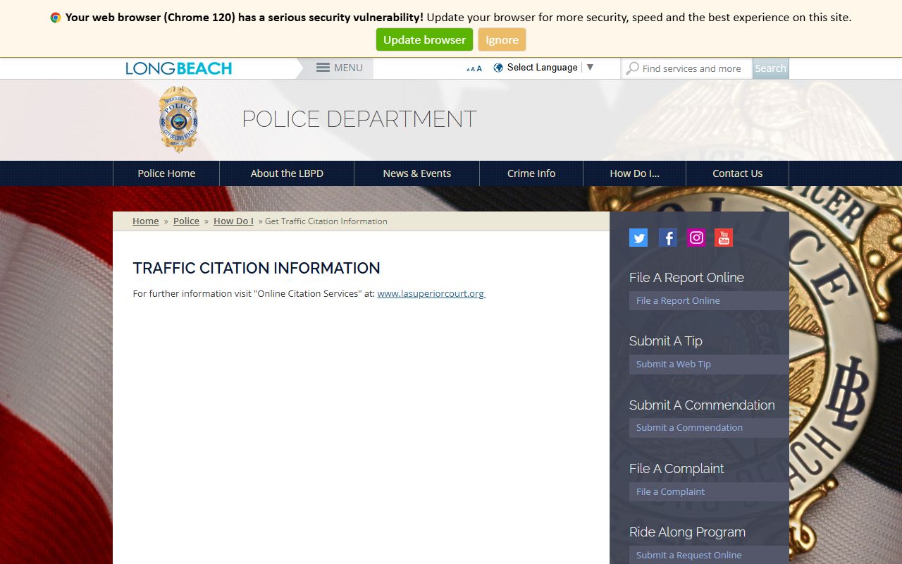 Long Beach Police Department traffic citation information page
