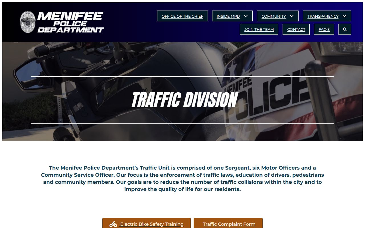 Menifee Police Department traffic information page
