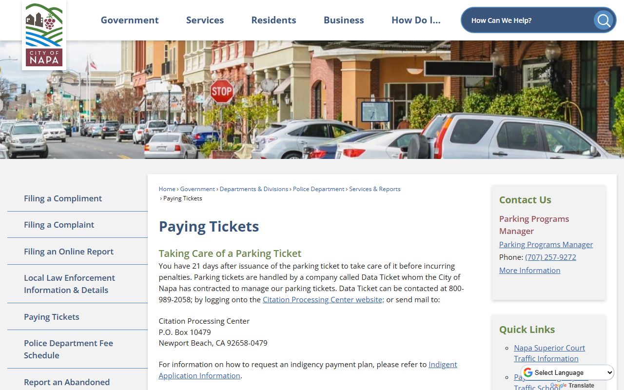 City of Napa paying tickets information page