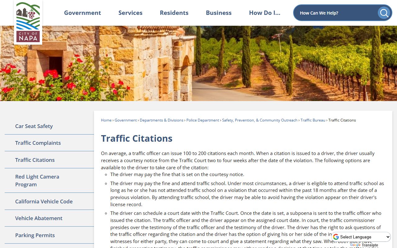 City of Napa traffic citations information page