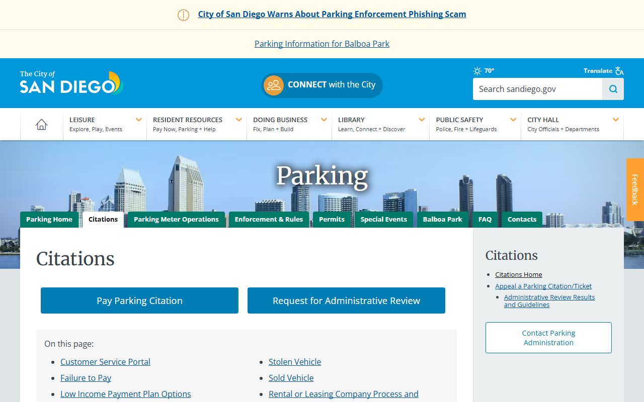 San Diego parking citations website showing city citation payment options