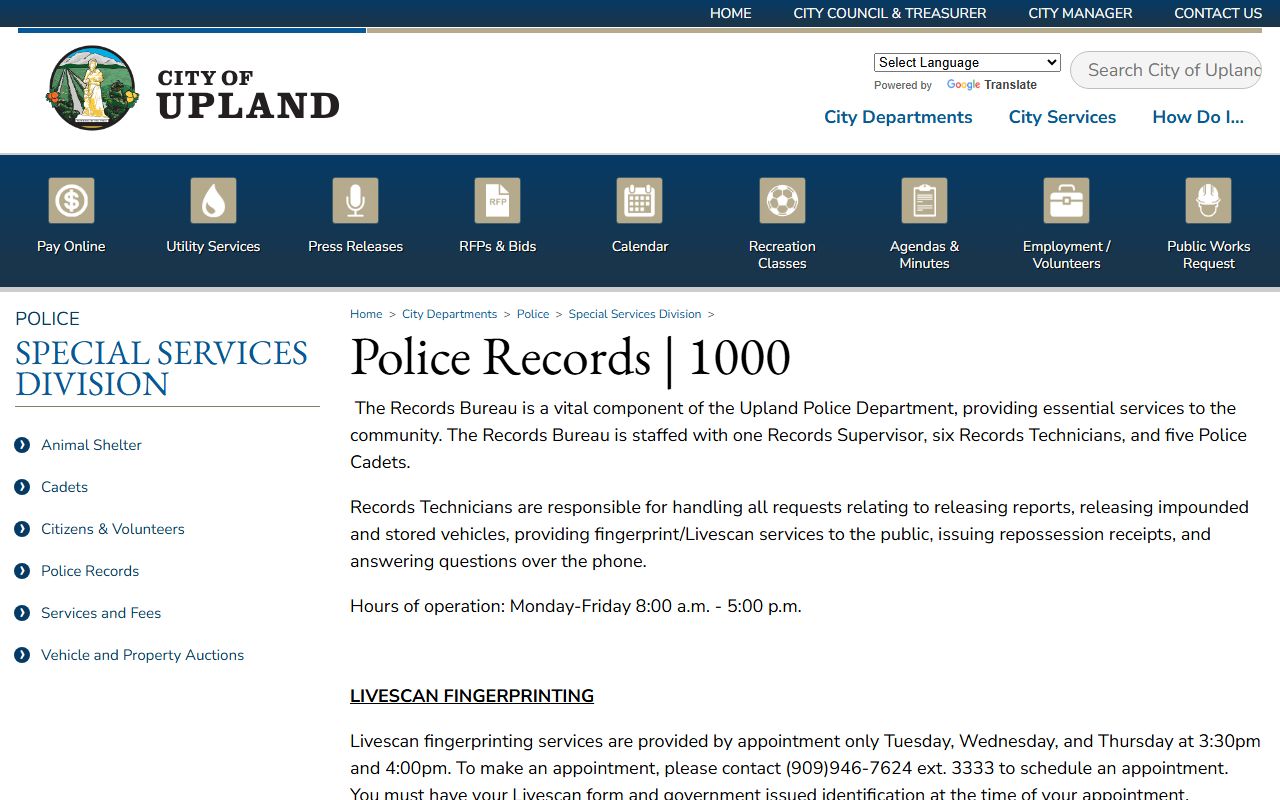 Upland Police Department records information