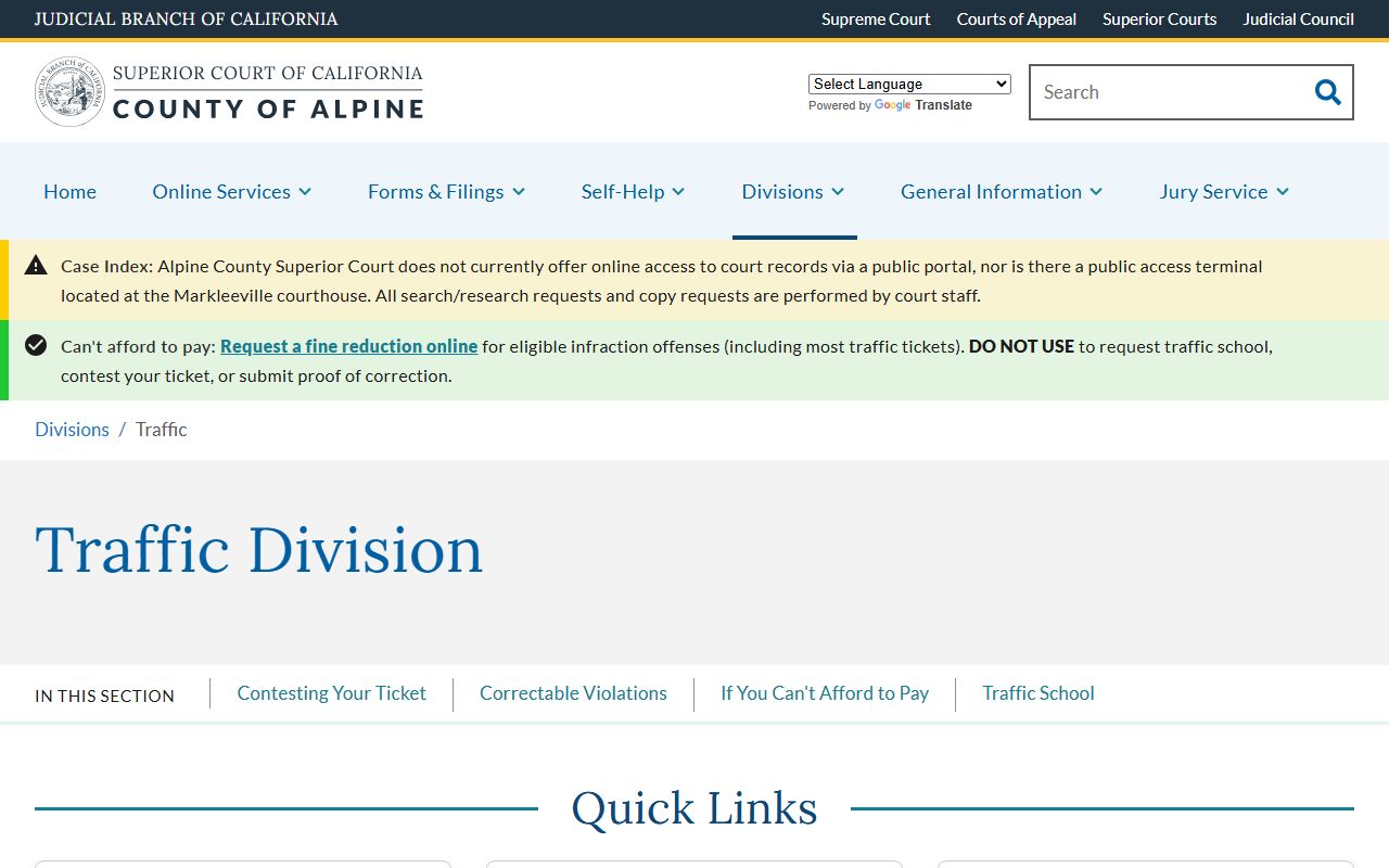 Alpine County Superior Court Traffic Division website