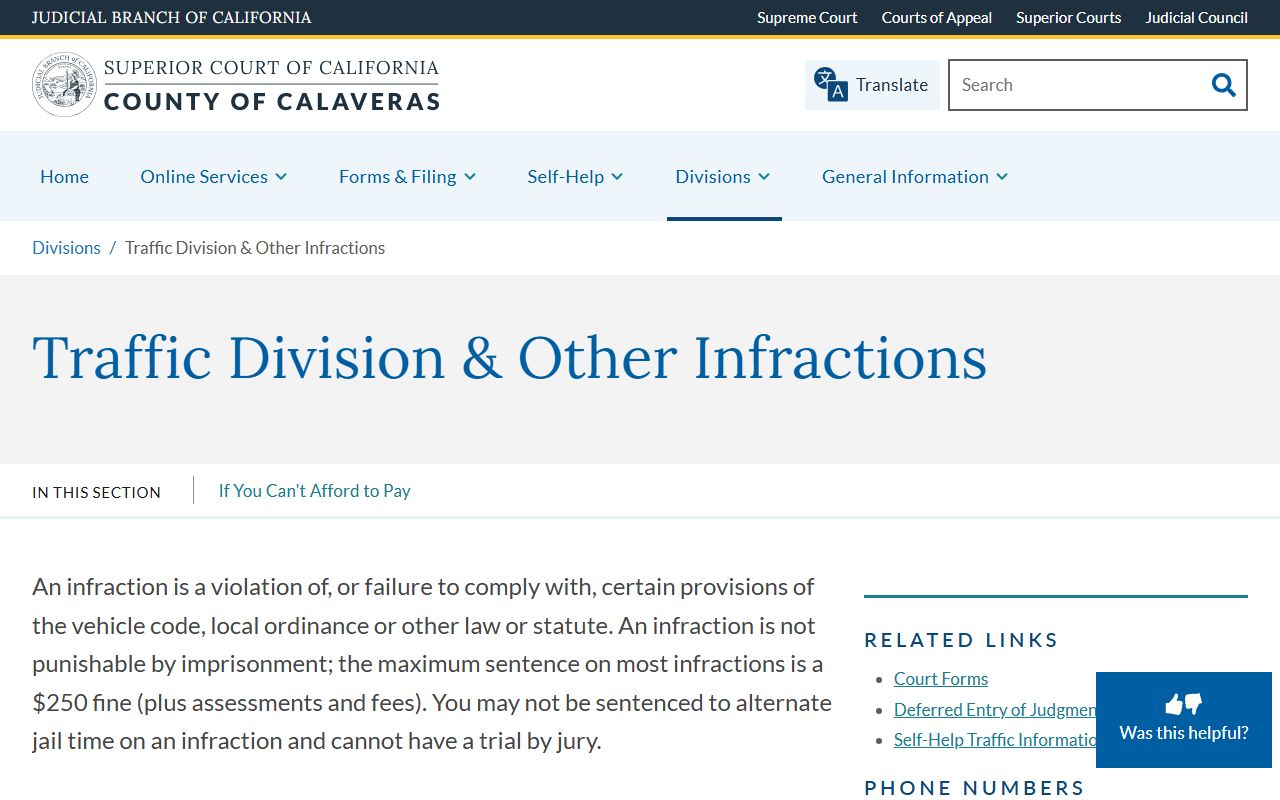 Calaveras Superior Court Traffic Division website