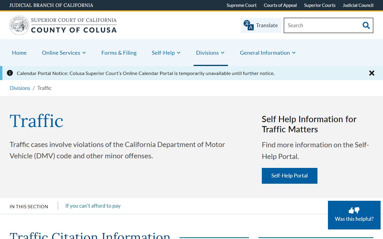 Colusa County Superior Court Traffic Division website