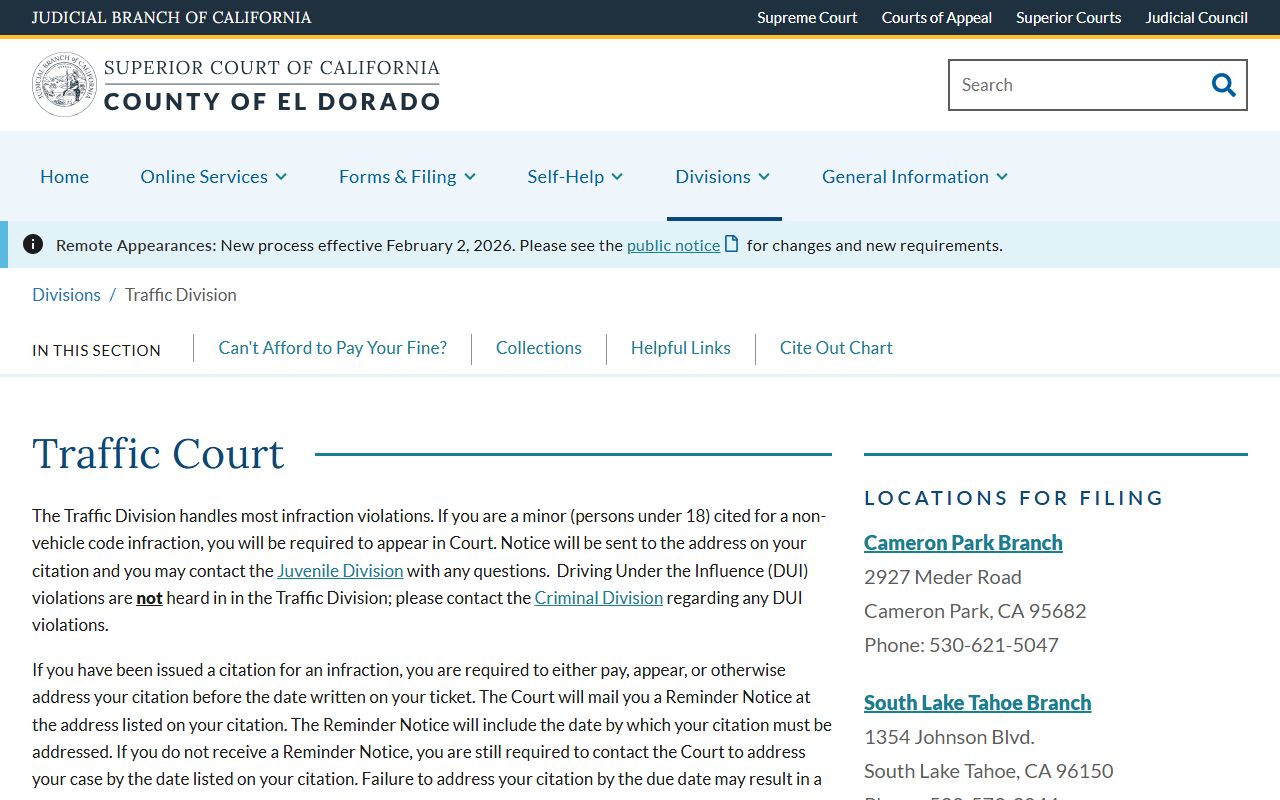El Dorado Superior Court Traffic Division website