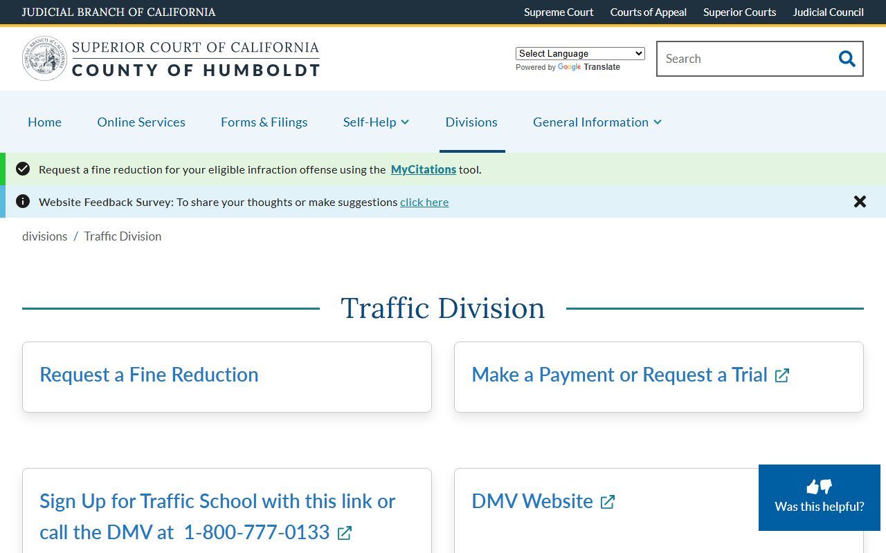 Humboldt County Superior Court Traffic Division website