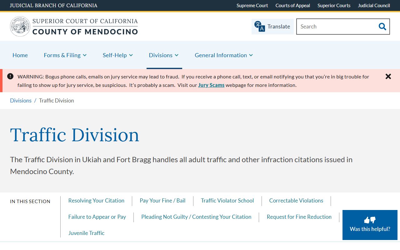 Mendocino County Superior Court Traffic Division website