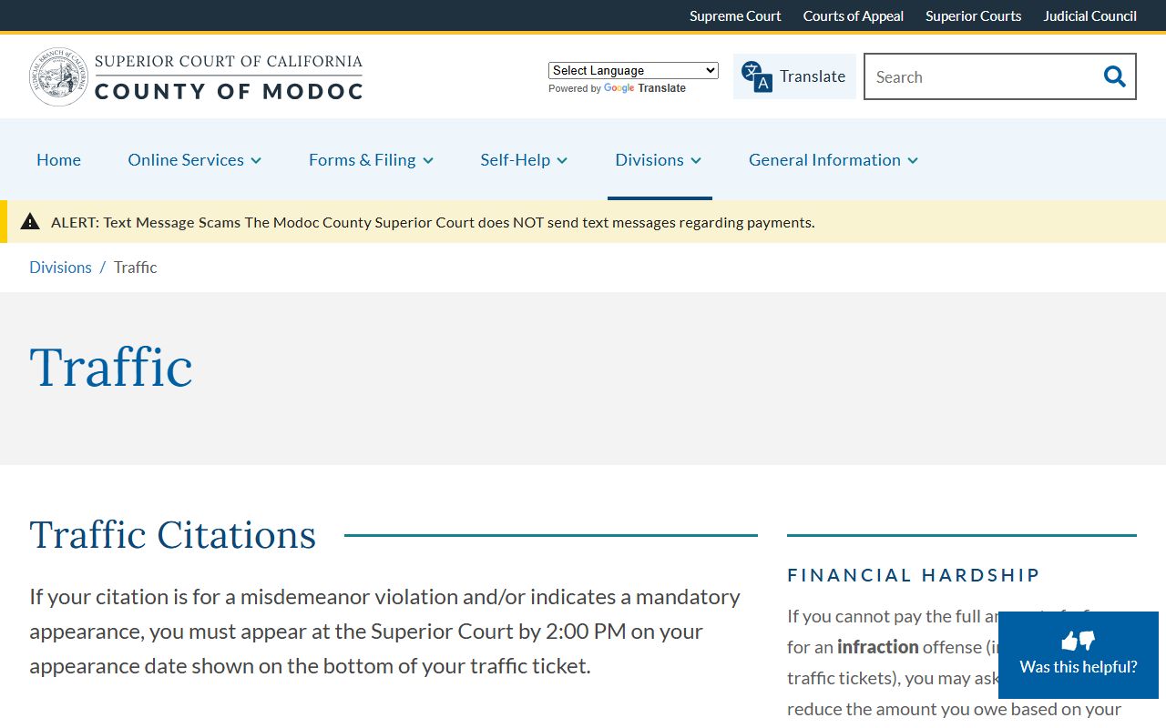 Modoc County Superior Court Traffic Division website