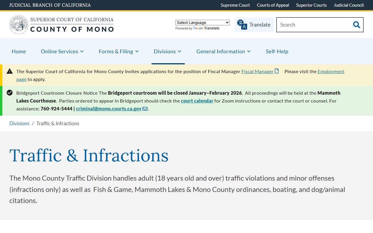 Mono County Superior Court Traffic Division website