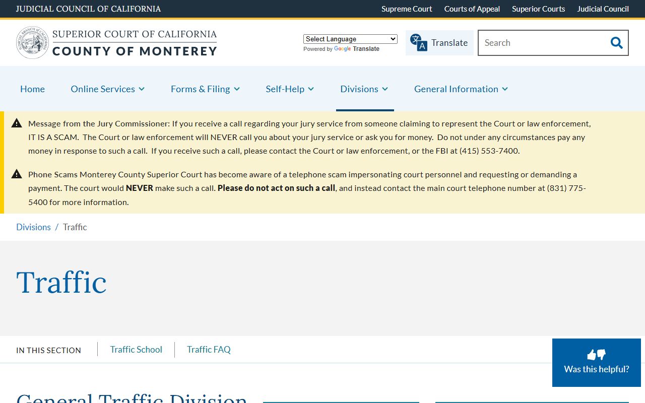 Monterey County Superior Court Traffic Division website
