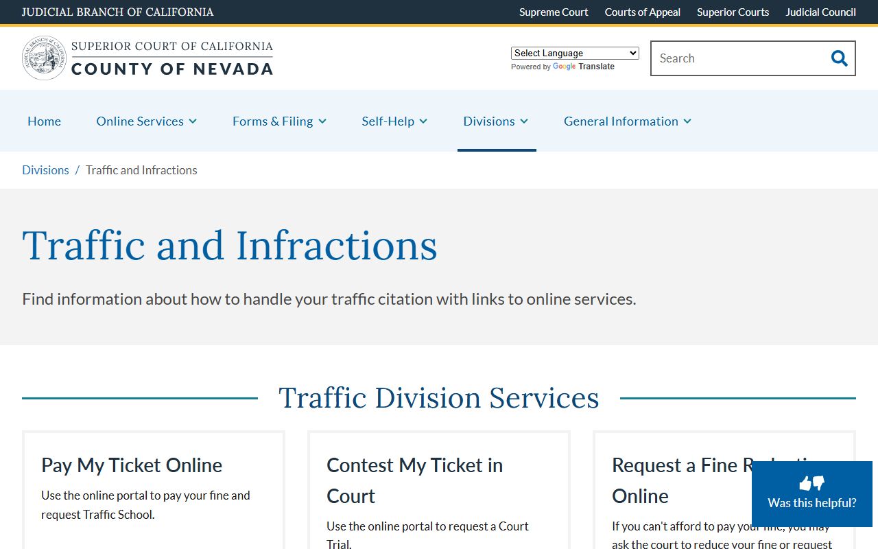 Nevada Superior Court Traffic Division website