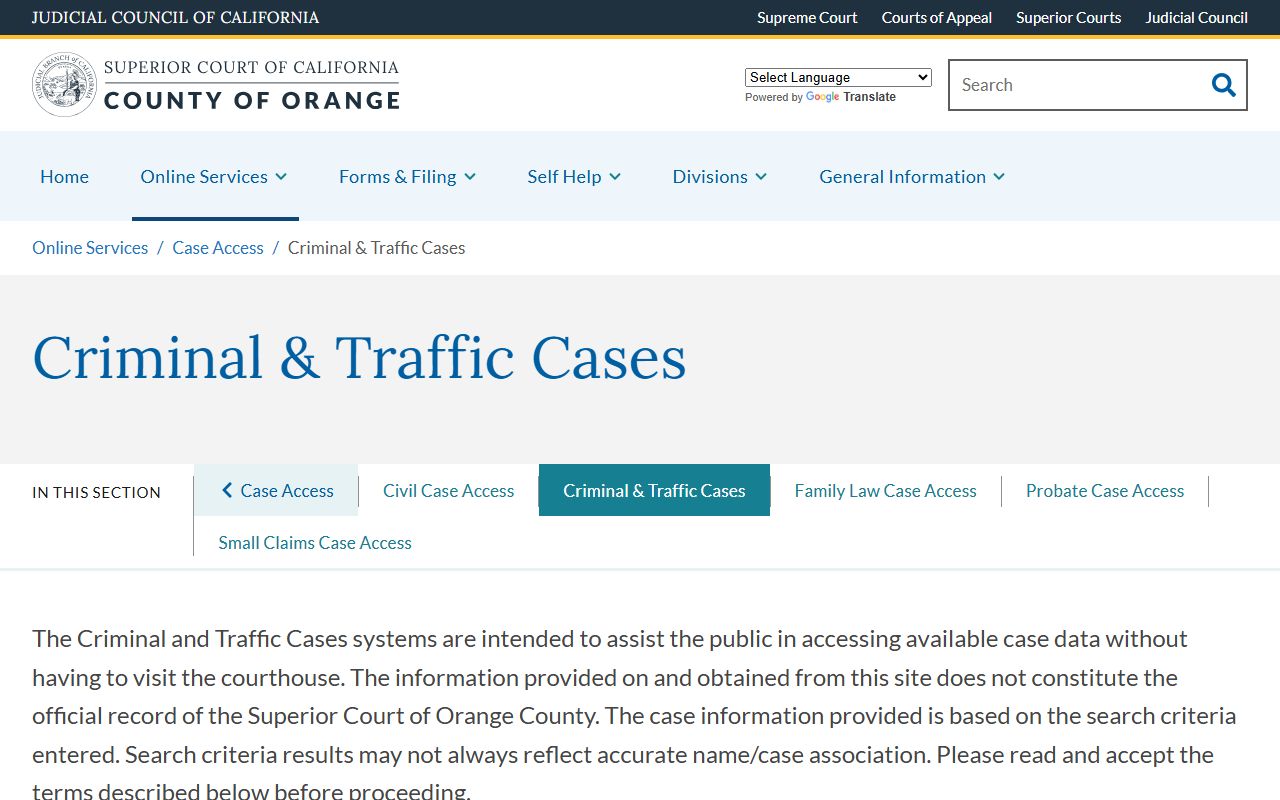 Orange County traffic case search portal