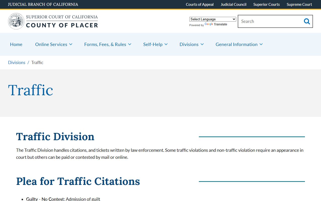 Placer Superior Court Traffic Division website