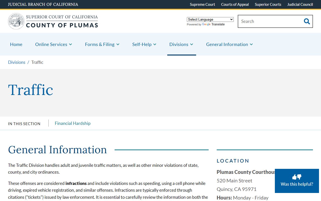 Plumas Superior Court Traffic Division website