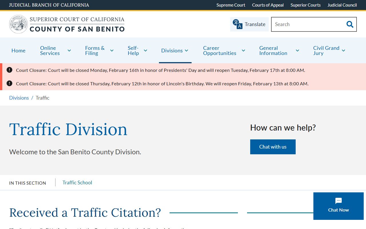 San Benito Superior Court Traffic Division website