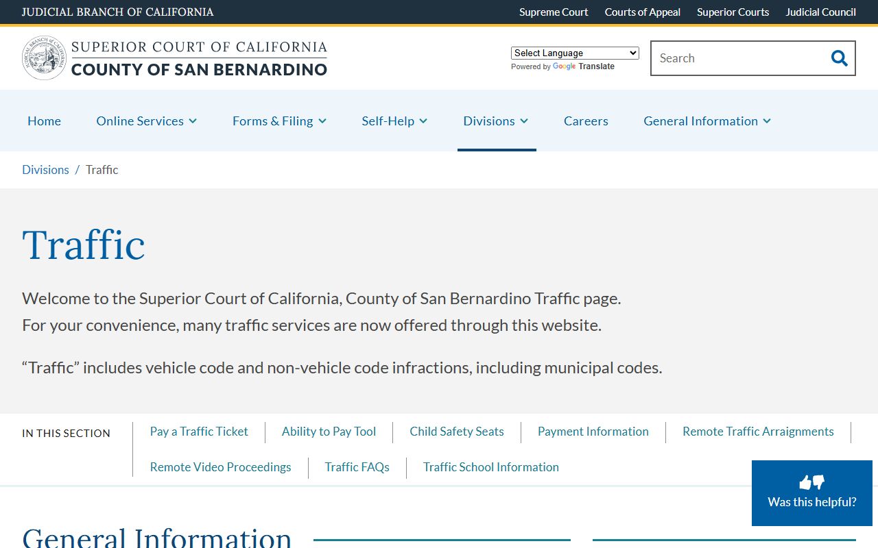 San Bernardino County Superior Court traffic division information page
