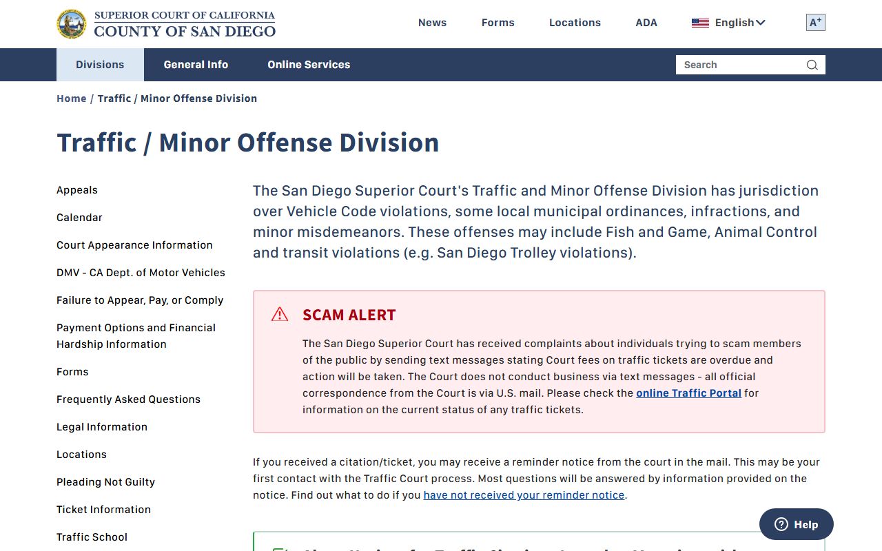 San Diego Superior Court traffic division website