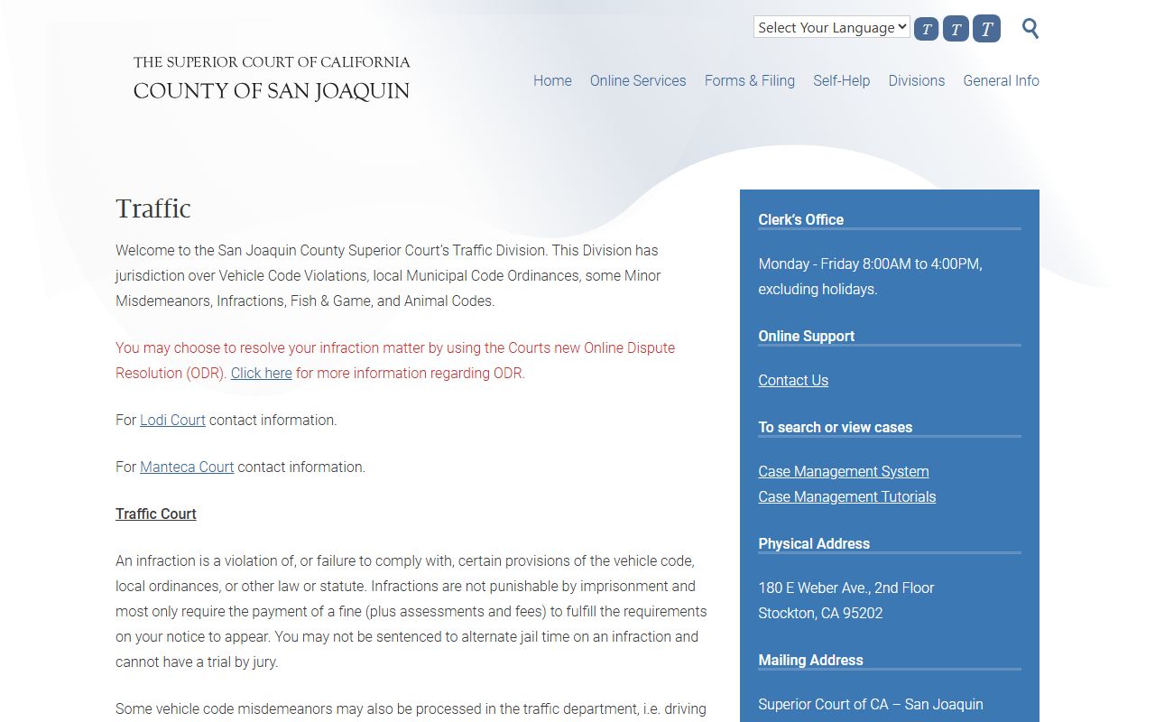 San Joaquin County Superior Court traffic division website
