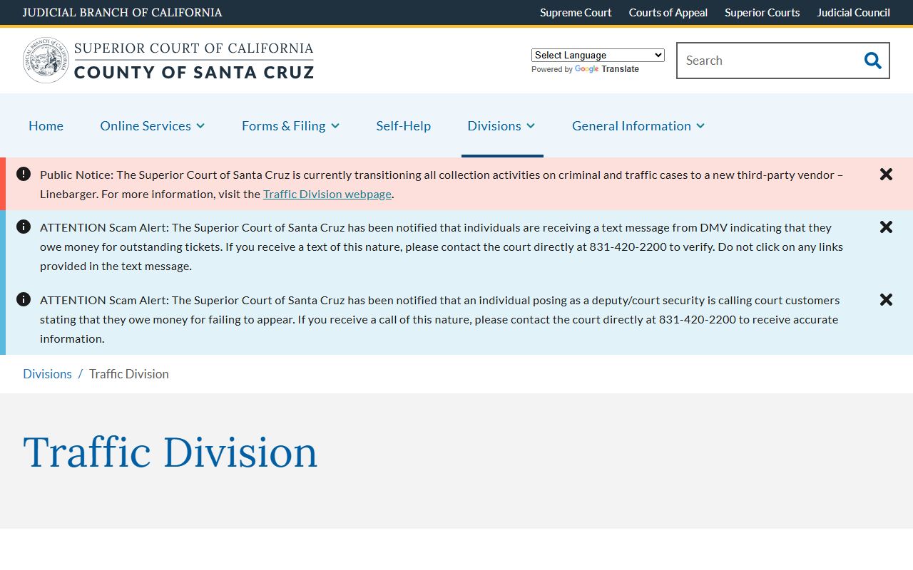 Santa Cruz Superior Court Traffic Division website