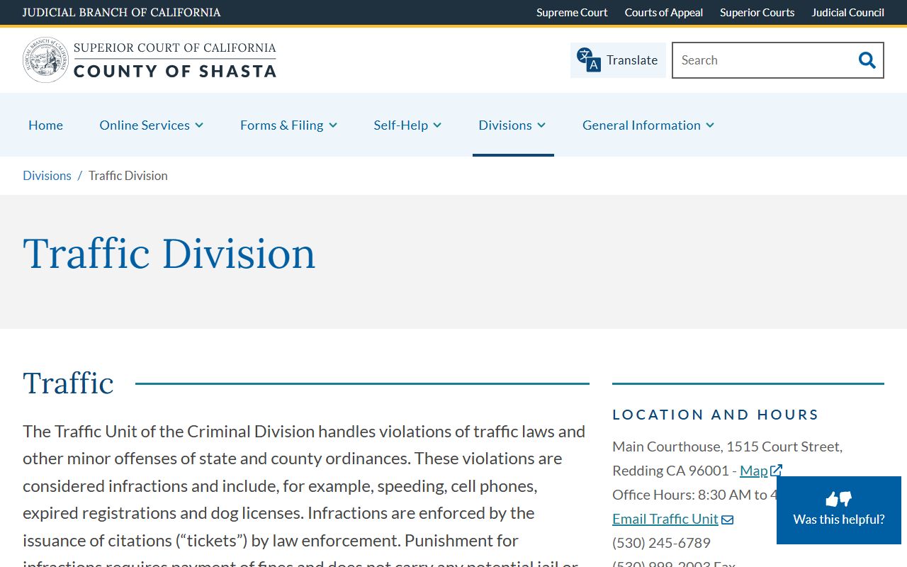 Shasta Superior Court Traffic Division website