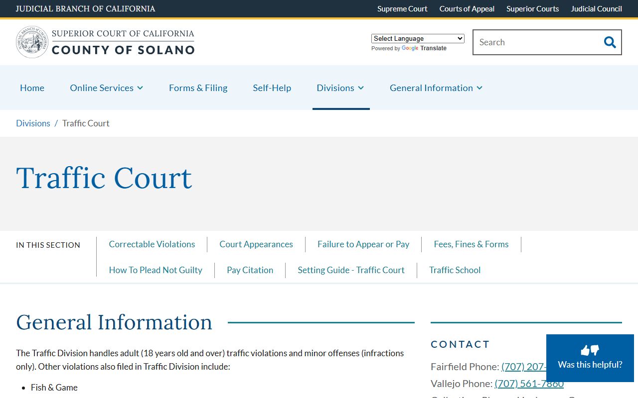 Solano Superior Court Traffic Division homepage