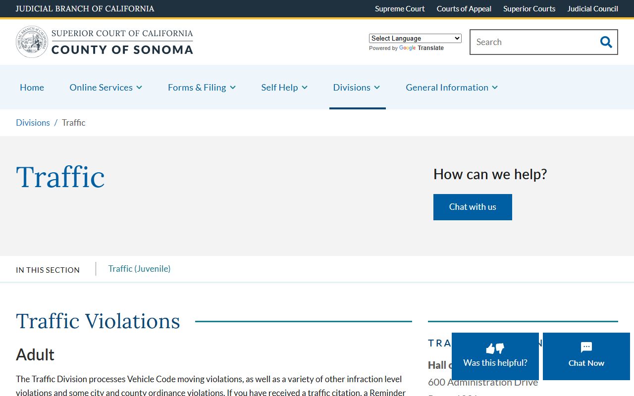 Sonoma Superior Court Traffic Division website