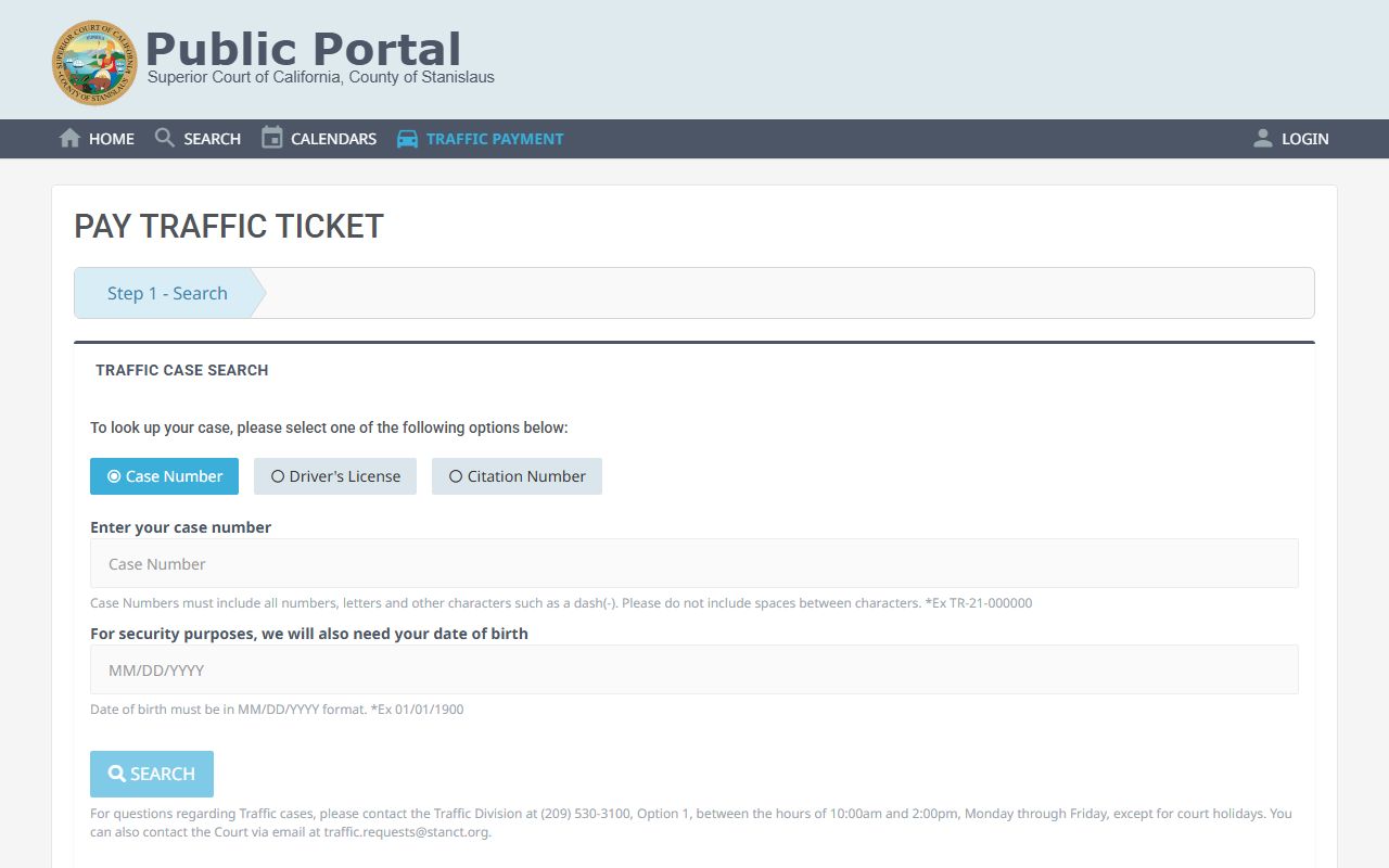 Stanislaus County traffic portal for online case search
