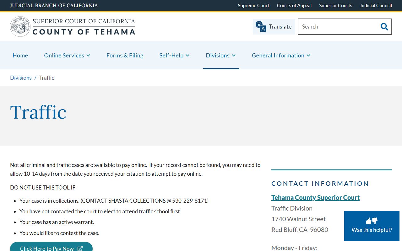 Tehama Superior Court Traffic Division website