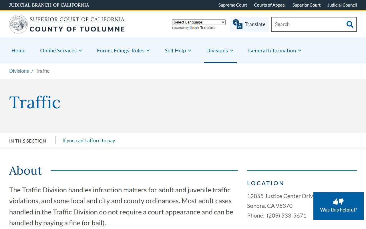 Tuolumne Superior Court Traffic Division website