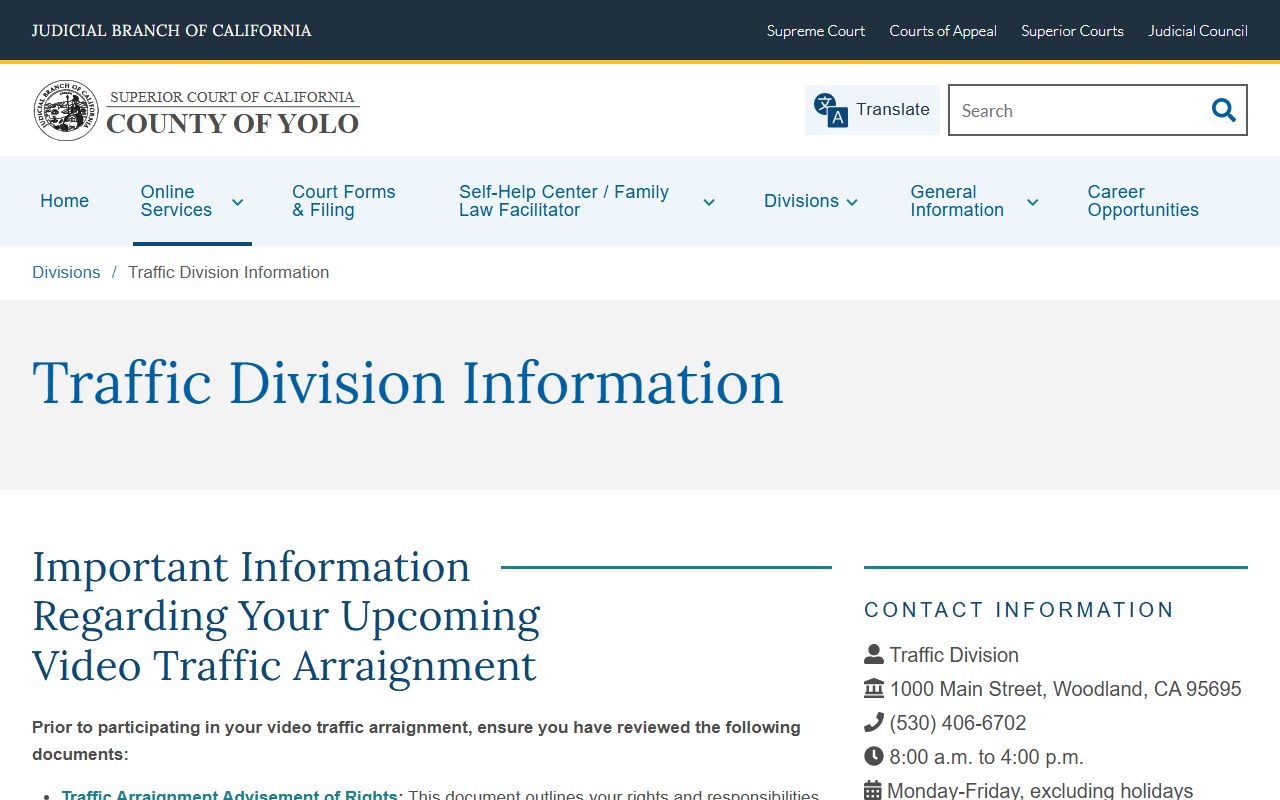 Yolo Superior Court Traffic Division website