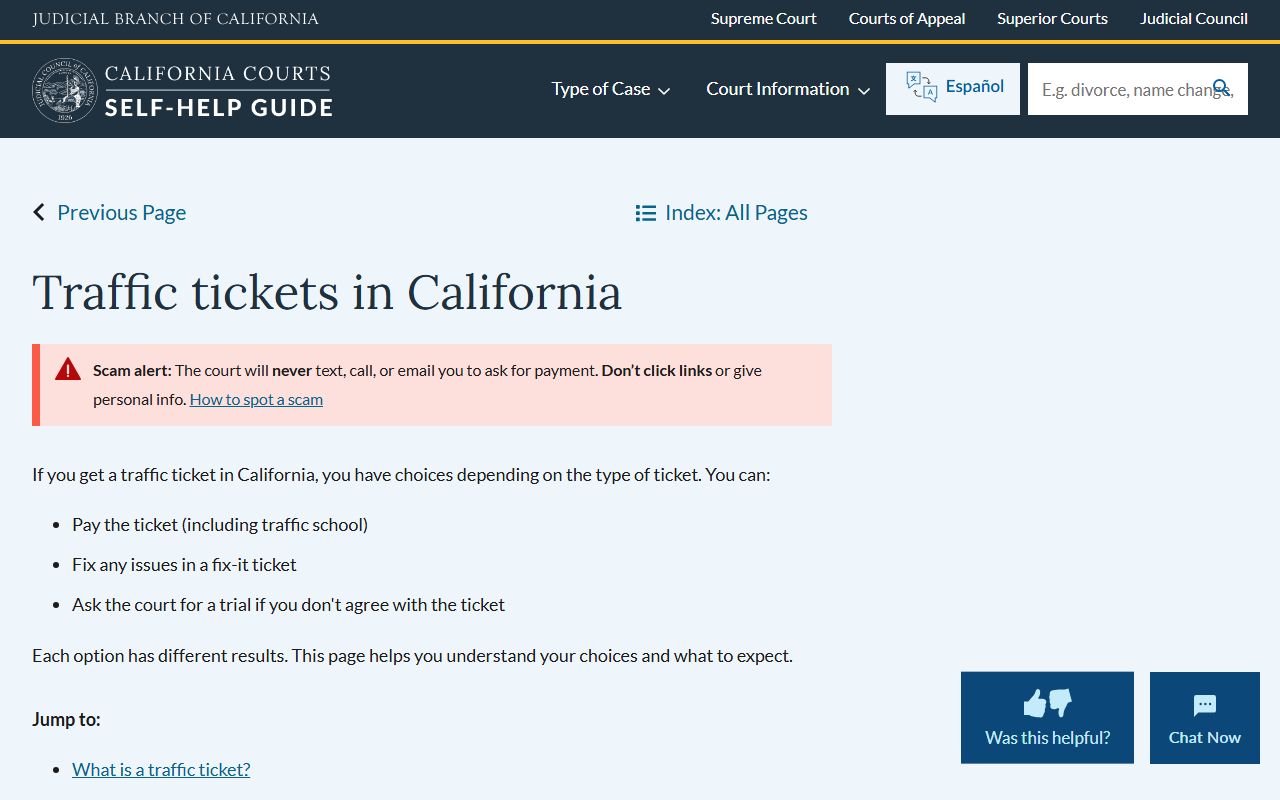 California Courts traffic self-help guide for traffic citations