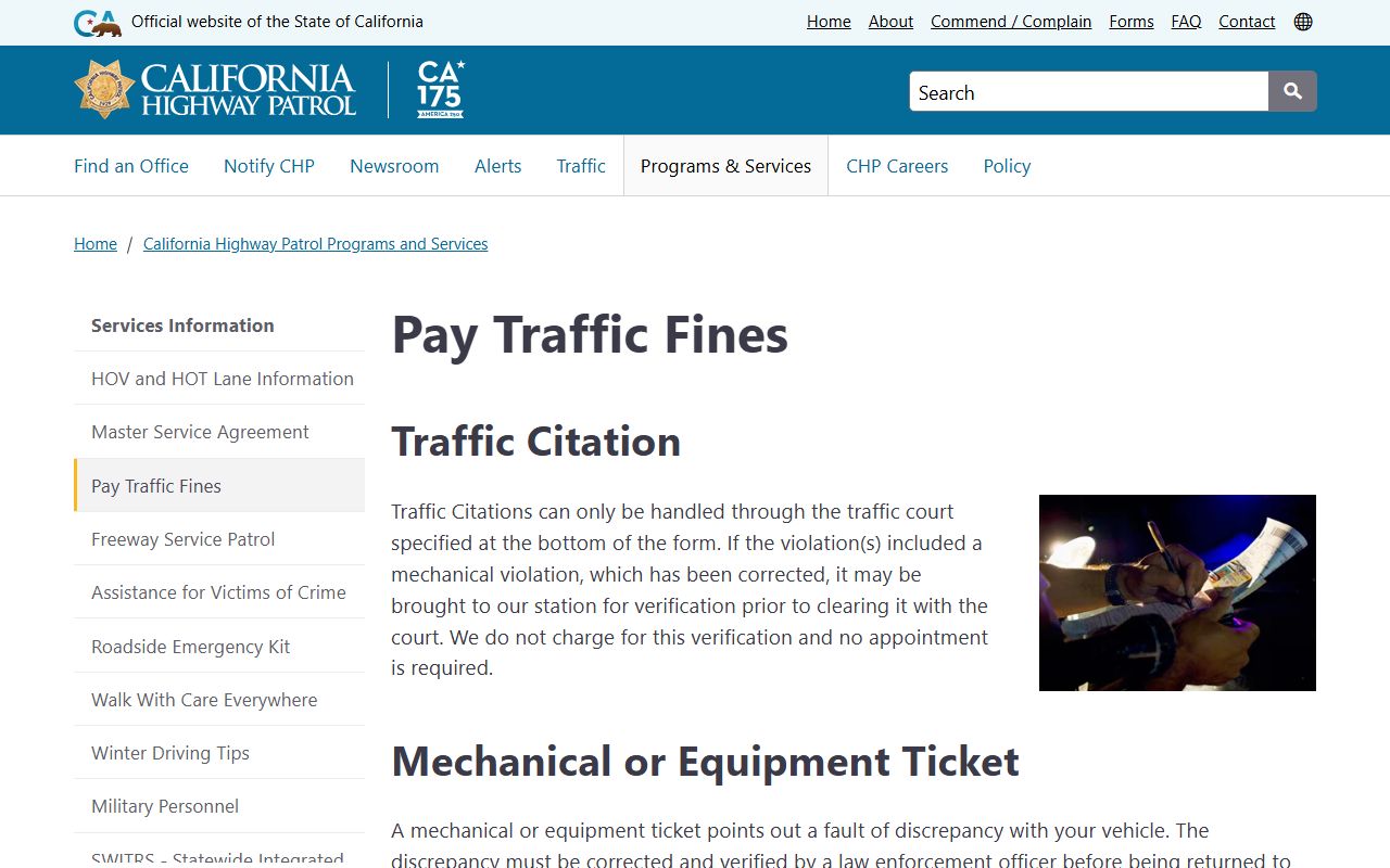 California Highway Patrol traffic citation information page