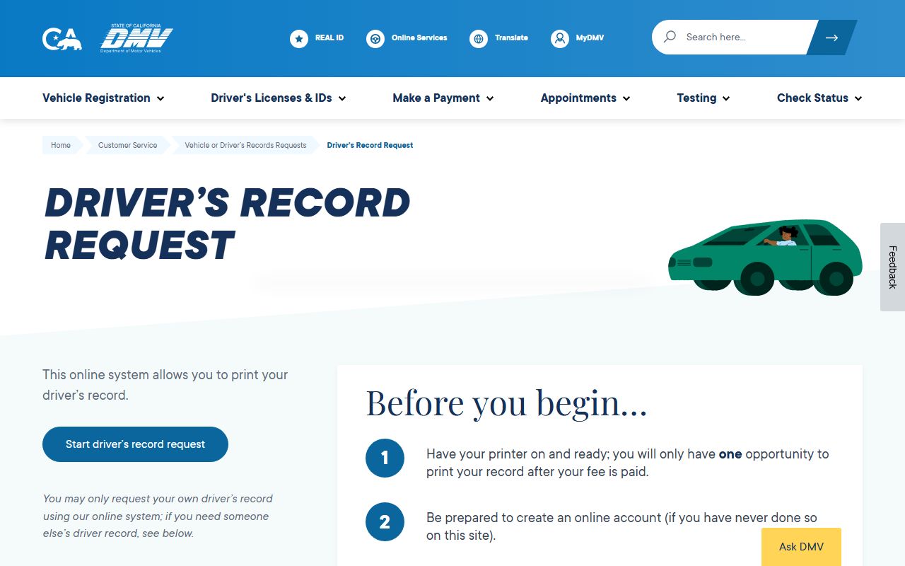 California DMV online driver record request portal