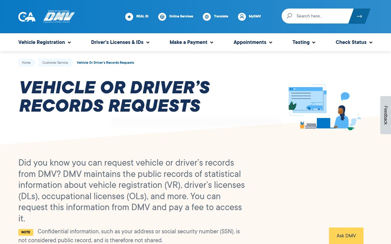 California DMV records request overview page