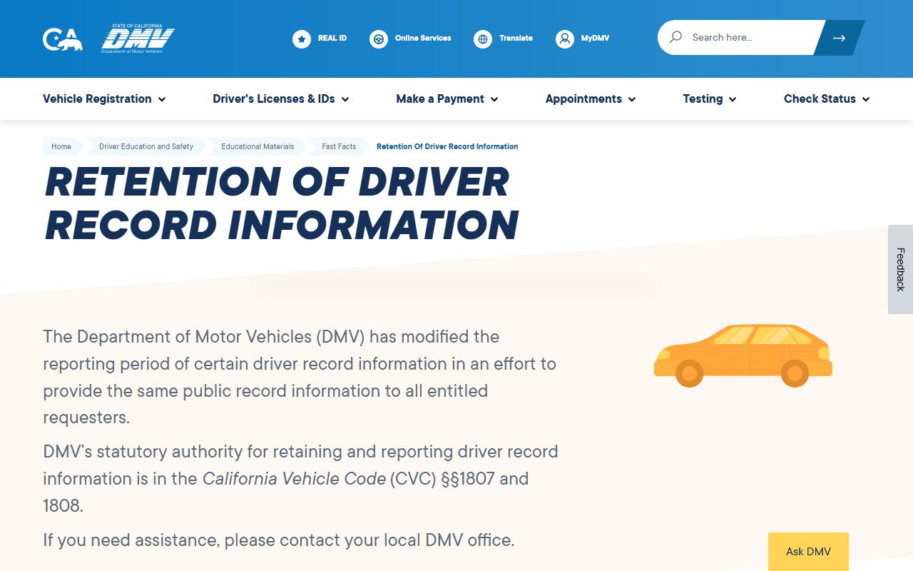 California DMV driver record retention information
