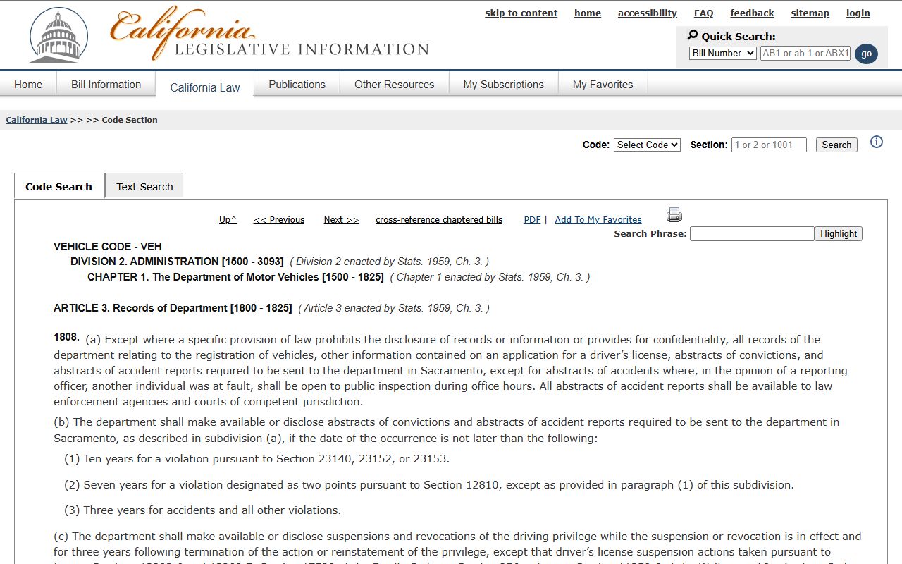 California Vehicle Code Section 1808 public records statute